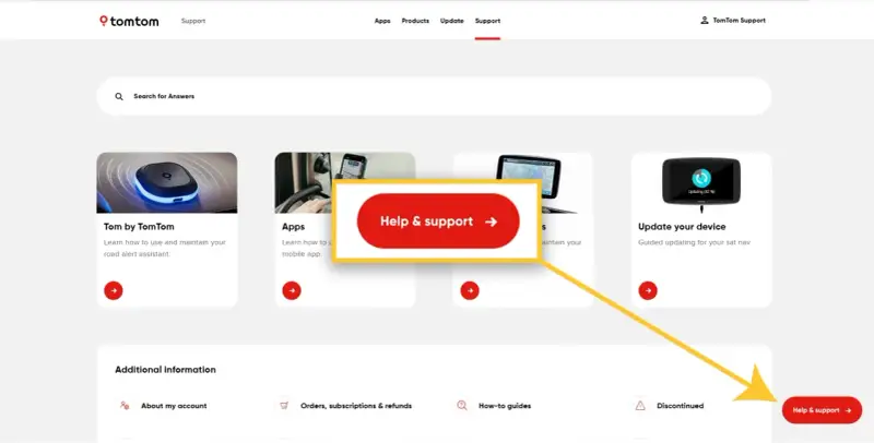 Strona wsparcia TomTom. Kliknij "Help & support", aby uzyskać pomoc.