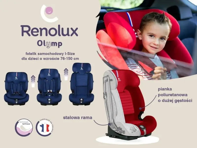 Renolux Olymp – fotelik I-Size dla dzieci 76-150 cm. Widok dziecka w czerwonym foteliku i prezentacja jego budowy: stalowa rama i pianka poliuretanowa.