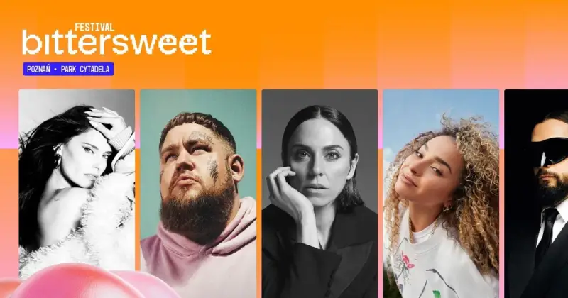 Plakaty artystów na festiwalu Bittersweet 2026 w Poznaniu: artystka w białym futrze, mężczyzna z tatuażami, Melanie C, kobieta z kręconymi włosami i mężczyzna w okularach.