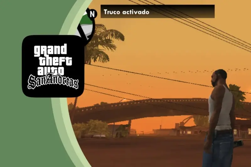CJ en San Andreas, con el logo del juego y el mensaje "Truco activado". Descubre los mejores trucos GTA San Andreas movil.