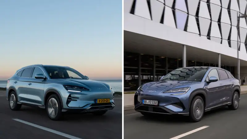 Dwa elektryczne SUV-y BYD w różnych kolorach, jeden na tle morza, drugi przy nowoczesnym budynku.