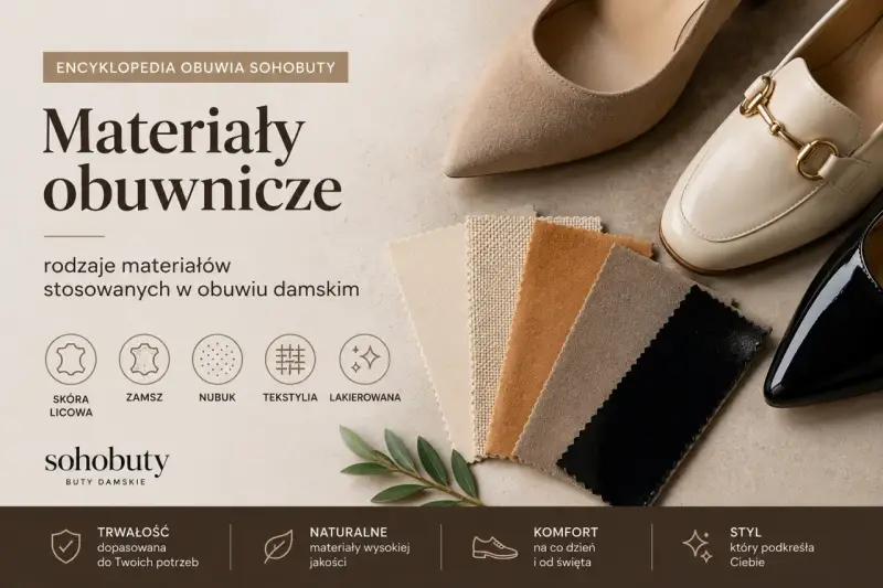 Rodzaje zamszu i innych materiałów w obuwiu damskim. Eleganckie buty i próbki tkanin: skóra licowa, zamsz, nubuk, tekstylia, lakierowana.
