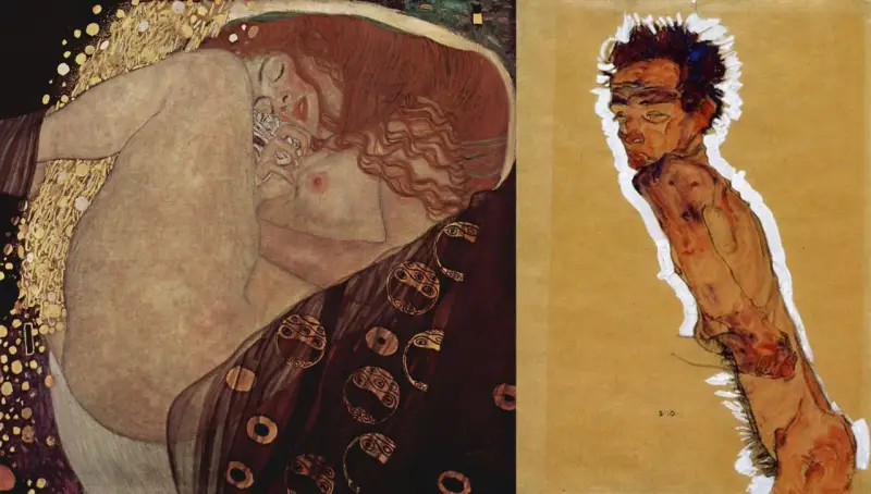 Dwie prace: "Pocałunek" Gustava Klimta, austriackiego malarza, i ekspresyjny portret mężczyzny autorstwa Egona Schiele.