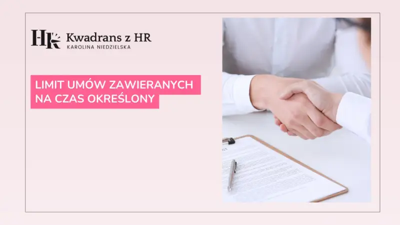Dwie osoby ściskają sobie dłonie nad dokumentem. Na ekranie widnieje napis "LIMIT UMÓW ZAWIERANYCH NA CZAS OKREŚLONY".