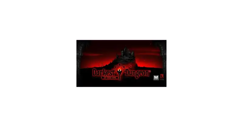 Il **Darkest Dungeon gioco da tavolo** presenta un castello oscuro su una collina, con un cielo rosso sangue e il logo del gioco.