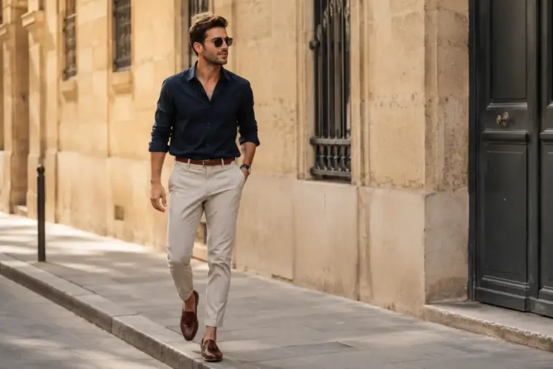 Mężczyzna w granatowej koszuli i beżowych spodniach, prezentujący styl smart casual, spaceruje ulicą.