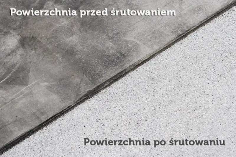 Beton przed i po groszkowaniu. Gładka powierzchnia po lewej, chropowata po prawej.