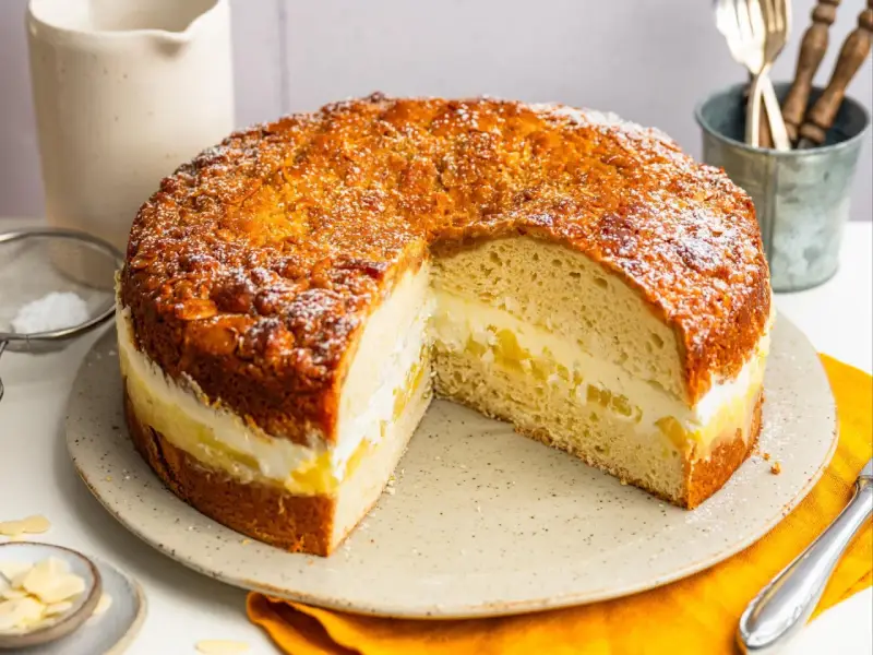 Ein köstlicher Kuchen mit Buttercreme-Füllung und Mandeldecke, inspiriert von Landfrauen Kuchen Rezepten.