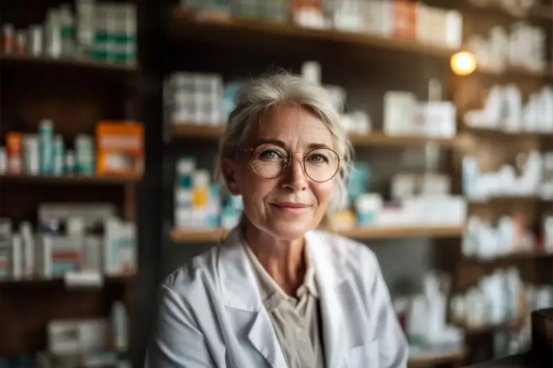 Uśmiechnięta farmaceutka w okularach, w białym fartuchu, wśród aptecznych półek. To ulga dla pracujących seniorów, którzy szukają tu wsparcia.