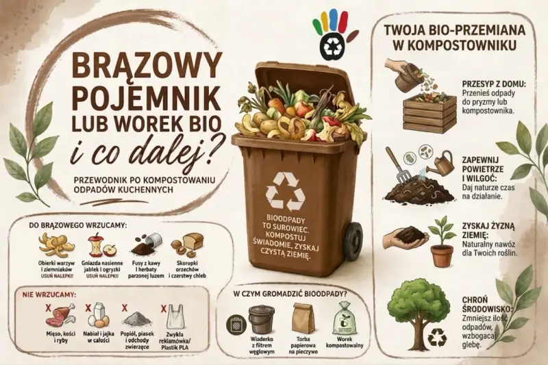 Przewodnik po kompostowaniu odpadów kuchennych. Czego nie wrzucamy do bio? Mięsa, kości, ryb, nabiału, jajek, popiołu, piasku, odchodów zwierzęcych, reklamówek i plastiku PLA.