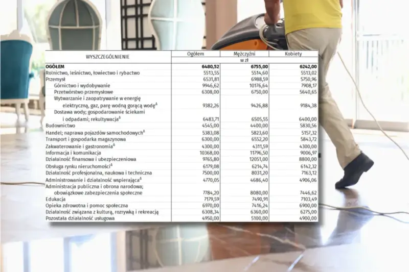 Mediana zarobków w Polsce 2025: Ogółem 6480,52 zł, mężczyźni 6755 zł, kobiety 6242 zł. Dane z tabeli.