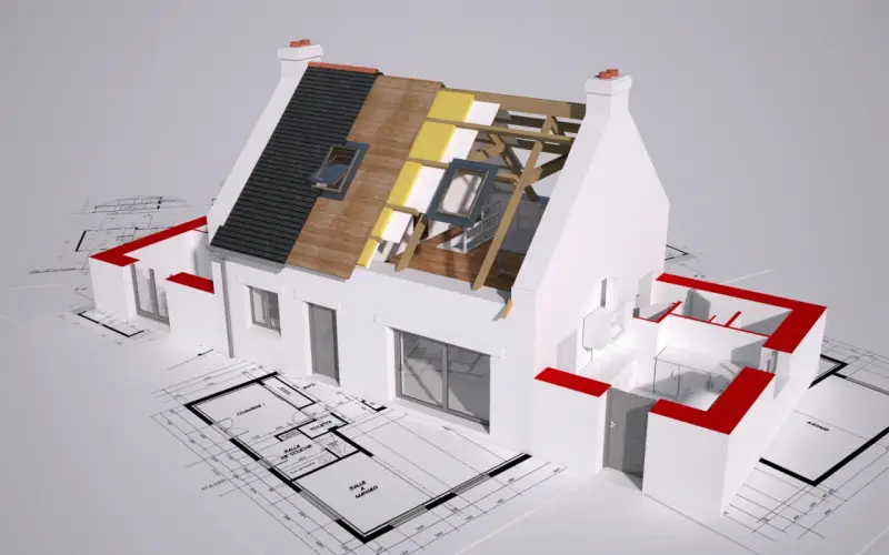 Model domu w przekroju, ukazujący warstwy izolacji dachu i plany architektoniczne. Wizualizacja postępu prac nad termomodernizacją budynku.