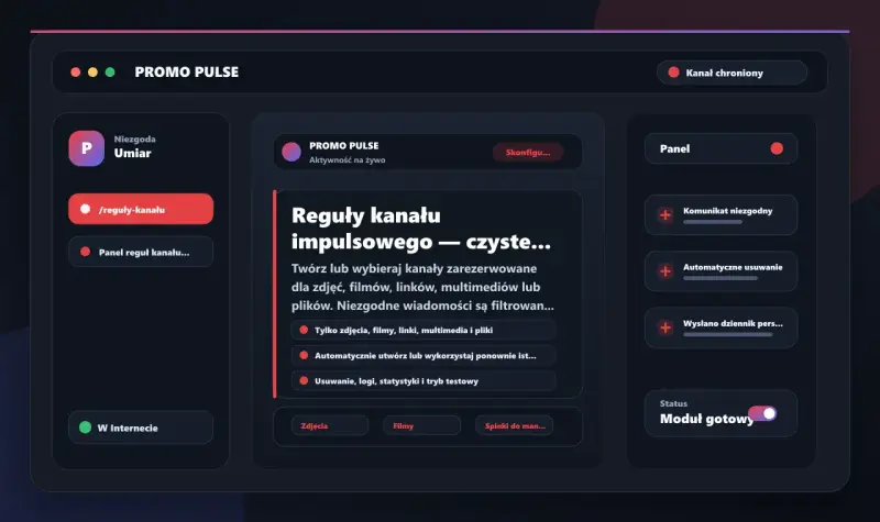 Interfejs przypomina Discorda, pokazując panel zarządzania kanałem "PROMO PULSE" z opcjami konfiguracji, regułami i statusem.