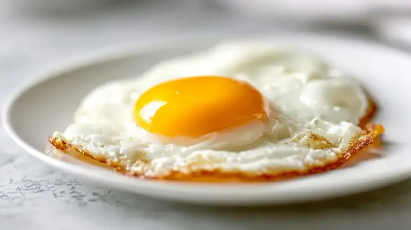 Un œuf au plat parfait, cuit à la perfection dans l'air fryer, avec un jaune d'or éclatant sur un lit de blanc d'œuf aérien.