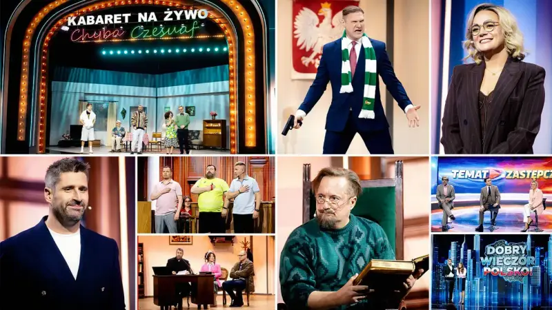 Komiczna ramówka: kabaret, polityczne skecze i rozmowy.