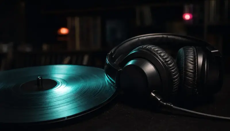 Schwarze Kopfhörer neben einer Vinylplatte, ideal für indie musik beispiele. Im Hintergrund Regale voller Platten.