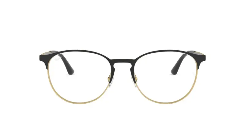 Eleganckie okulary korekcyjne Ray-Ban z czarnymi oprawkami i złotym wykończeniem. Jedne z dobrych marek okularów korekcyjnych.