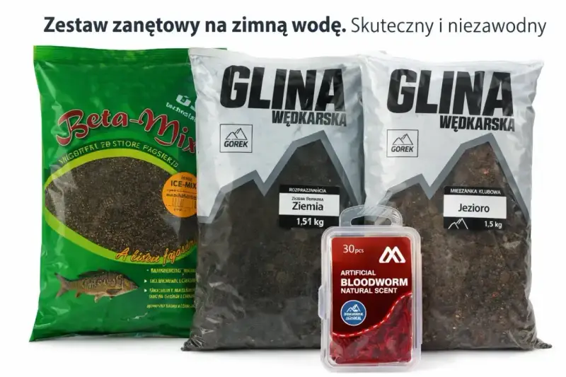 Zestaw na żywca na rzekę: zanęta Beta-Mix, glina wędkarska i sztuczne ochotki. Idealny na zimną wodę.