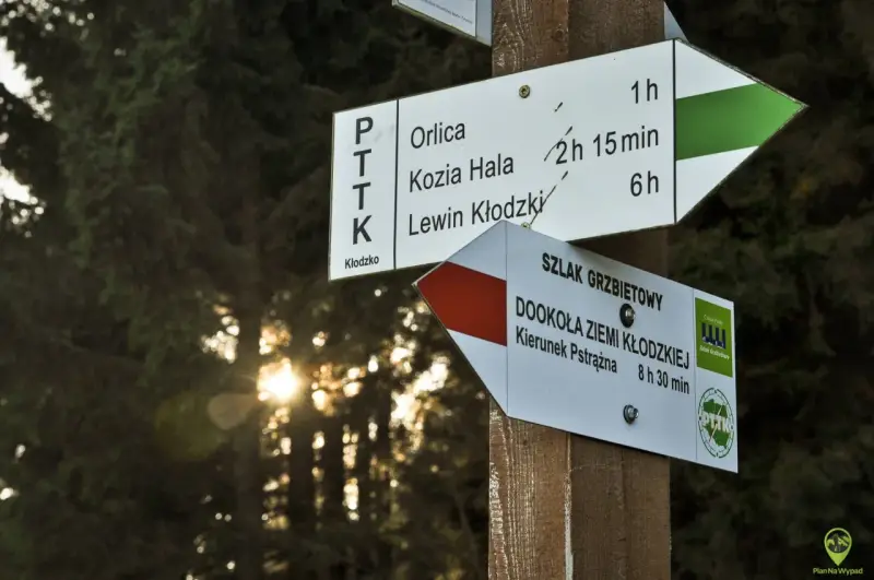 Znaki szlaku PTTK wskazują drogę na Orlicę, Kozią Halę i do Lewina Kłodzkiego. Orlica trasa jest oznaczona zieloną strzałką.