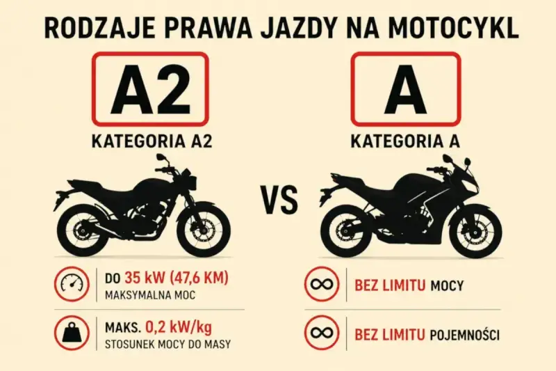 Porównanie kategorii A2 i A prawa jazdy na motocykl. A2 to motocykle do 35 kW, A to bez limitu mocy i pojemności.