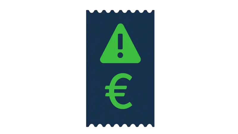 Niebieski paragon z zielonym symbolem ostrzeżenia i symbolem euro. Może to oznaczać problem z płatnością lub nieoczekiwany koszt.