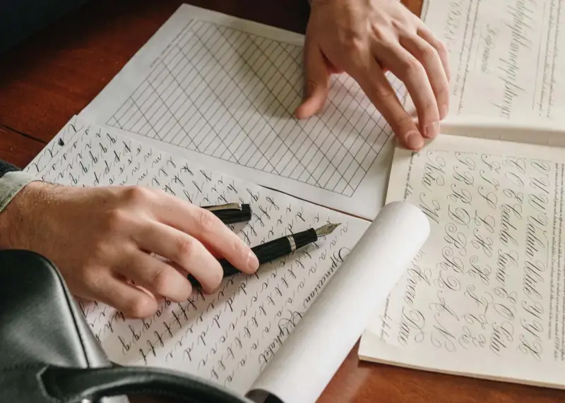 Manos practicando caligrafía con una pluma sobre hojas con ejercicios de letras.