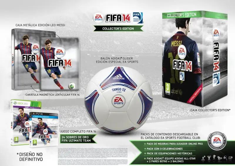 Edición Coleccionista de portada fifa 14 con balón, caja metálica de Leo Messi y juegos para Xbox 360 y PS3.