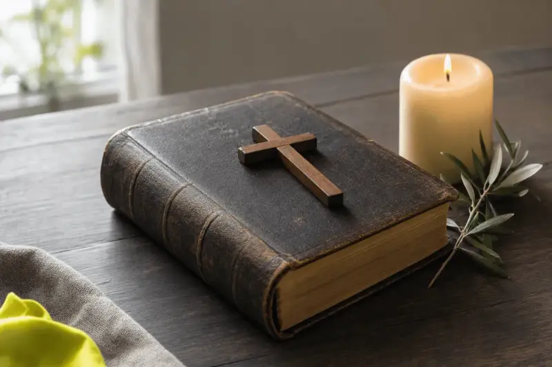 Stara biblia z krzyżem i płonącą świecą, symbol przygotowań do matury z wiedzy duchowej.