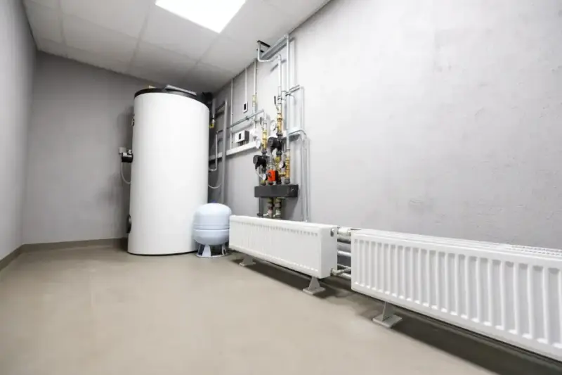 Kotłownia z bojlerem, pompami i grzejnikami. Widać tu instalację grzewczą, gdzie separator co zapewnia prawidłowy obieg wody.