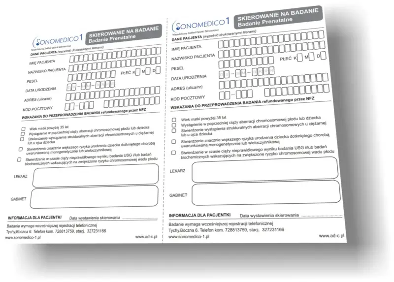 Dwa formularze skierowania na badanie prenatalne, z polami do wypełnienia danych pacjenta i wskazaniami do badań.