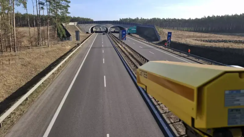 Żółta kamera monitoruje odcinek pomiarowy prędkości na S8. Droga prowadzi przez las, pod wiaduktem.