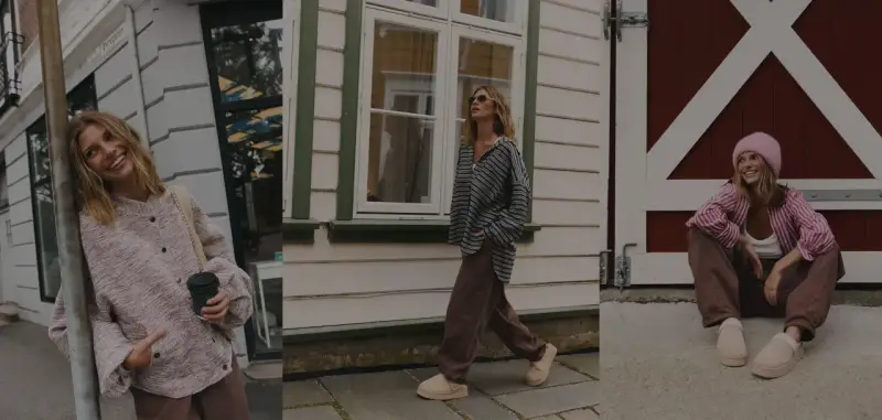 Uśmiechnięta blondynka prezentuje różne stylizacje ootd: w różowym kardiganie, w bluzce w paski i w różowej bluzce w paski z czapką.