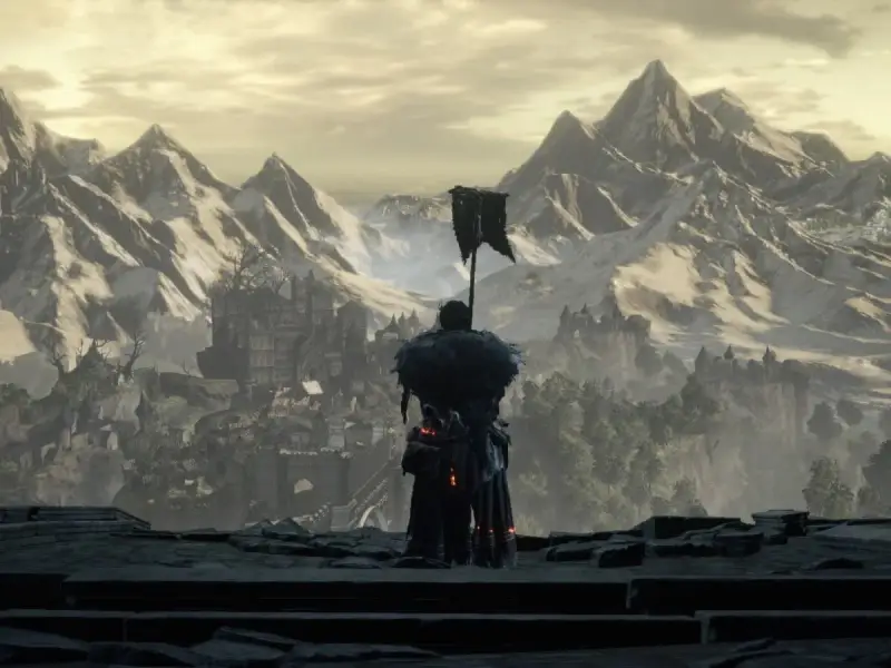 Un guerrero con armadura y un estandarte observa un castillo en ruinas y montañas nevadas. Un paisaje épico para tu **Dark Souls 3 guía**.