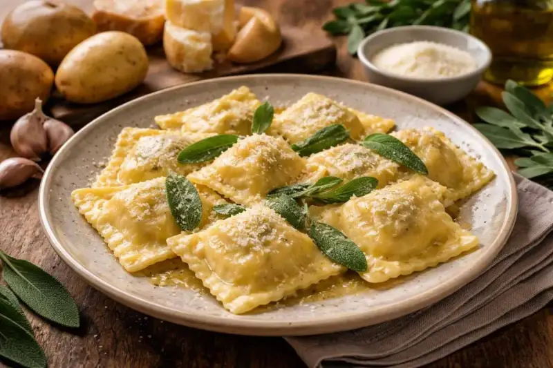 Un piatto di tortelli del Mugello, ripieni e conditi con burro, salvia e parmigiano. Sullo sfondo patate, aglio e ingredienti per la preparazione.