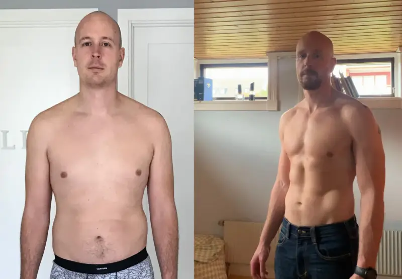 Man före och efter en carnivore diet svenska. Synlig muskelökning och minskad kroppsfett.
