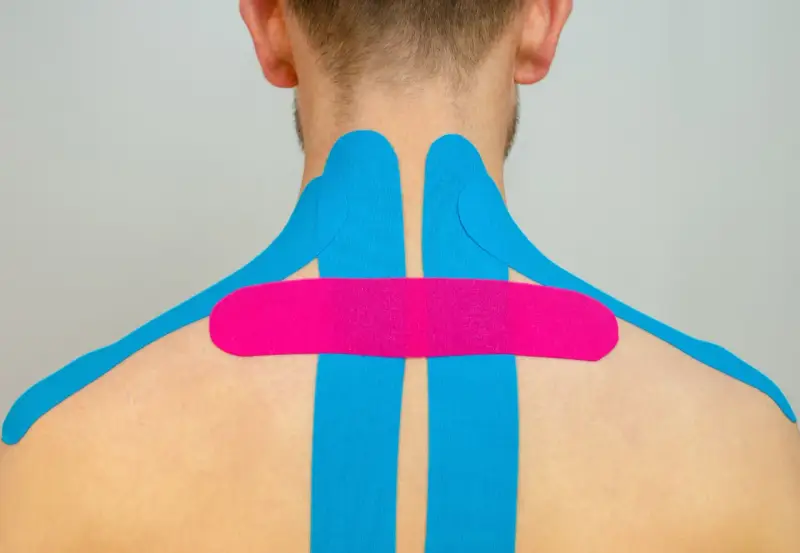 Nacken tapen bei Verspannungen: Blaues und pinkes Kinesio-Tape zur Linderung von Nackenschmerzen und Verspannungen.
