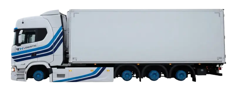 Biała ciężarówka z niebieskimi pasami i logo "TH LOGISTIC" gotowa do transportu.