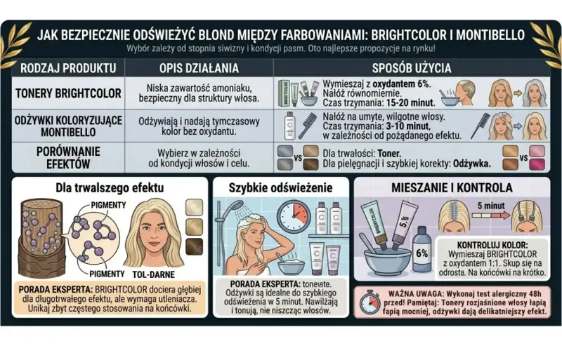 Toner na mokre czy suche włosy? Porównanie tonera Brightcolor i odżywki Montibello do odświeżania blondu.