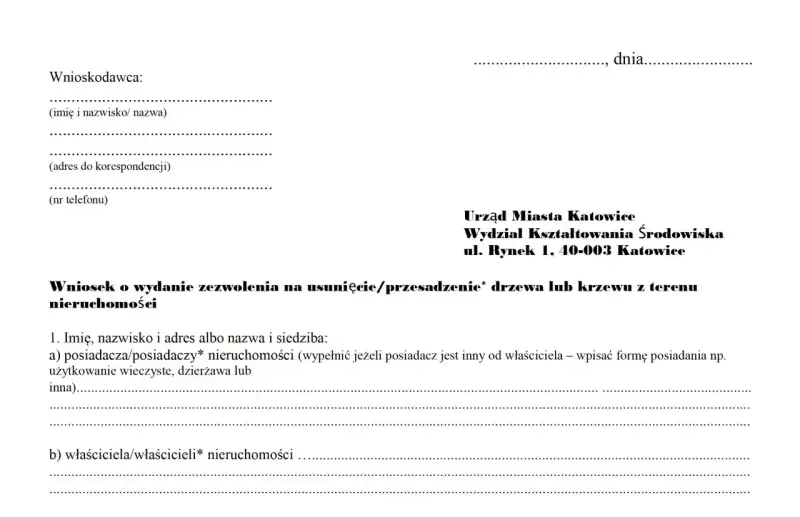 Wniosek o zezwolenie na wycinkę drzew na działce. Dokument zawiera dane wnioskodawcy i adresata: Urząd Miasta Katowice, Wydział Kształtowania Środowiska.