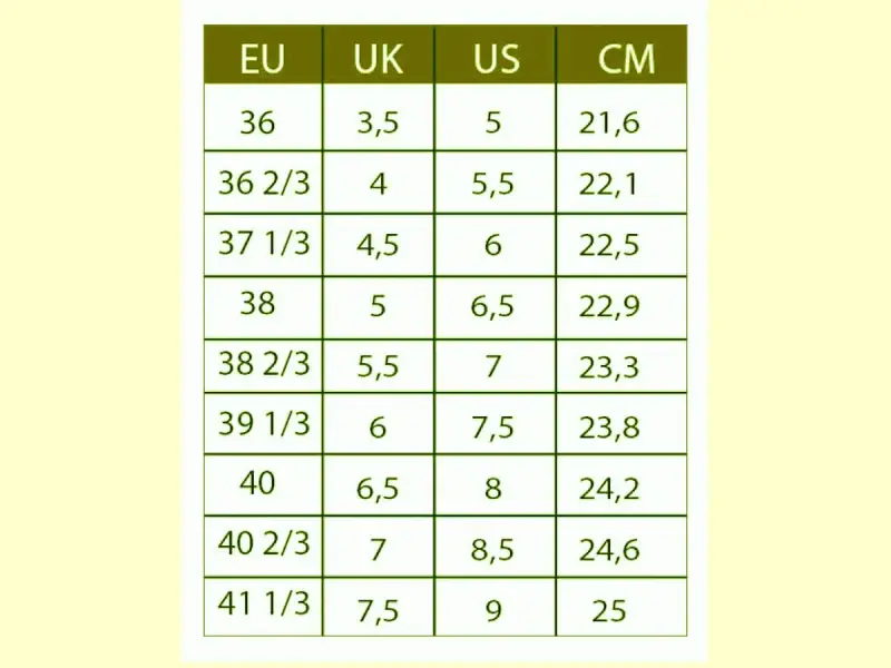 Tabela rozmiarów obuwia: EU, UK, US, CM. Pomaga wybrać odpowiedni rozmiar, np. 7 US to 38 2/3 EU i 23,3 cm.