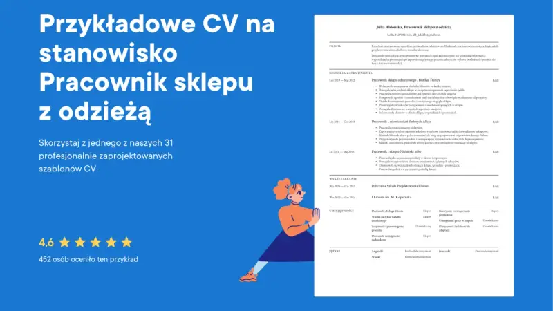CV pracownika sklepu odzieżowego z profilem, historią zatrudnienia i umiejętnościami.