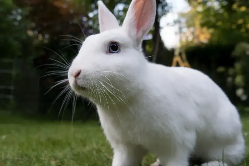Ein flauschiges, weißes albino Kaninchen mit blauen Augen sitzt im Gras.