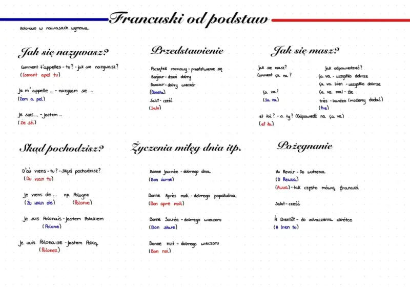 Zeszyt do samodzielnej nauki francuskiego: zwroty powitalne, pytania o imię, pochodzenie, samopoczucie i pożegnania.