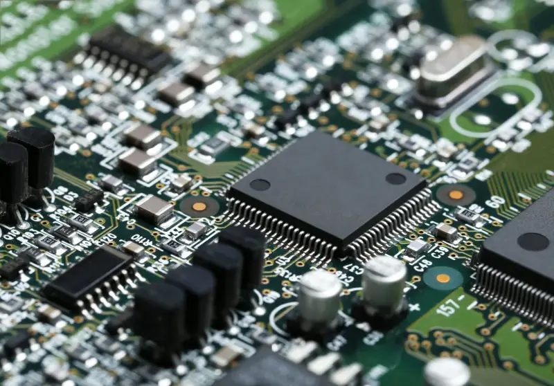 Primo piano di una scheda elettronica verde con numerosi componenti, tra cui un grande chip nero al centro, condensatori e resistori. Un'immagine dettagliata per il test componenti elettronici.