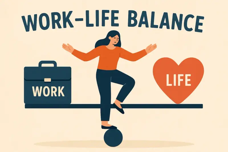 Ilustracja przedstawia kobietę balansującą na kuli, próbując utrzymać równowagę między teczką z napisem "WORK" a sercem z napisem "LIFE". Kluczowe jest osiągnięcie work-life balance.