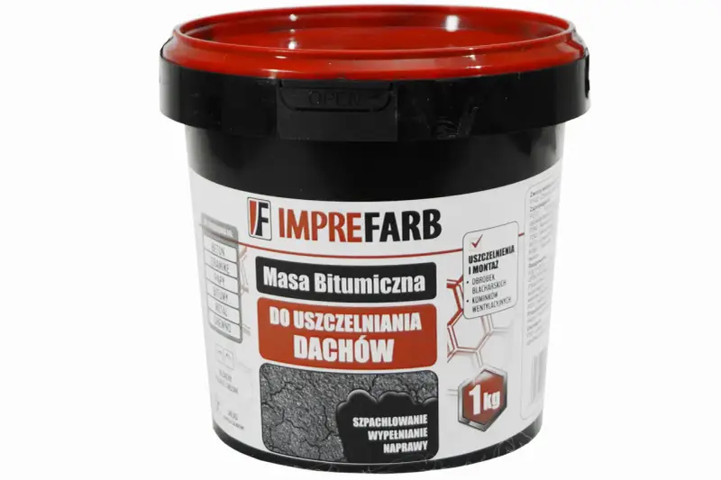 Czarny kubełek z czerwoną pokrywką zawiera masę bitumiczną do uszczelniania dachów. Produkt o wadze 1 kg, idealny do napraw i wypełniania ubytków.