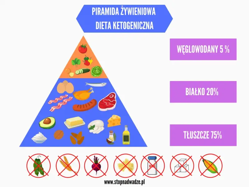 Piramida żywieniowa diety ketogenicznej: 75% tłuszcze, 20% białko, 5% węglowodany. Unikaj cukru, makaronu, buraków.