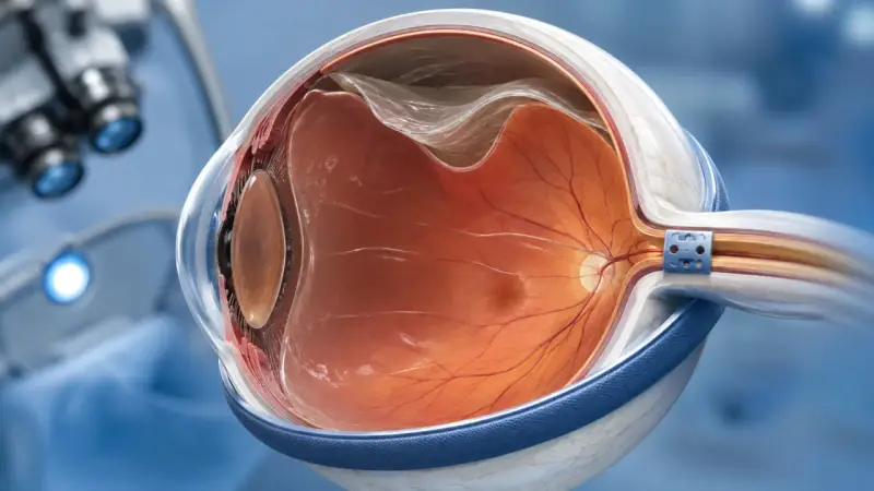 Dettaglio anatomico dell'occhio con il vitreo trasparente, pronto per un emovitreo intervento. Si intravede un microscopio chirurgico.