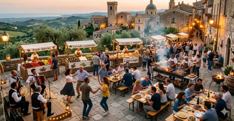 Festa in borgo medievale con musica, balli e bancarelle di prodotti tipici. Un'atmosfera che fa pensare a che feste ci sono a maggio.