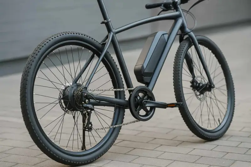 Vélo électrique noir, moteur dans la roue arrière, batterie sur le cadre. Prêt à débrider pour plus de puissance.